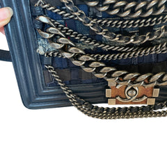 Chanel Navy Blue Tweed Multi-Strand Chain Le Boy Flap Bag - Limited Edition
