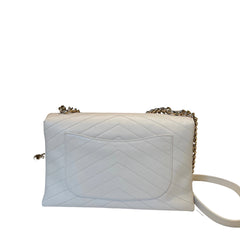 Chanel White Chevron V-Stitch Calfskin Envelope Flap Bag - Gold Hardware