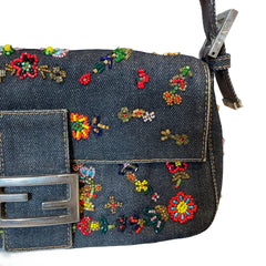 Fendi Limited Edition Beaded Denim Baguette Bag - Rare Anniversary Collectible