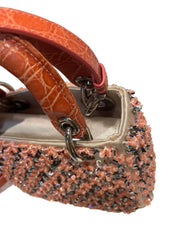Rare Mini Lady Dior Bag - Coral Satin with Full Beading & Alligator Handles