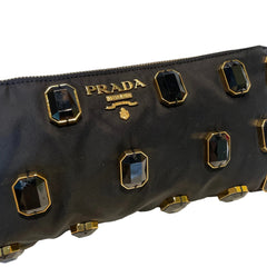 Prada Black Jeweled Baguette Bag with Gold Geometric Chain (32cm)