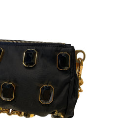 Prada Black Jeweled Baguette Bag with Gold Geometric Chain (32cm)