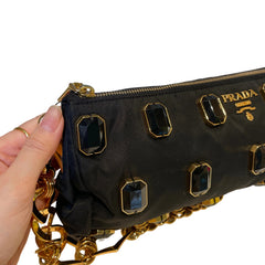 Prada Black Jeweled Baguette Bag with Gold Geometric Chain (32cm)