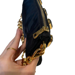 Prada Black Jeweled Baguette Bag with Gold Geometric Chain (32cm)