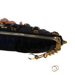 Prada Black Jeweled Baguette Bag with Gold Geometric Chain (32cm)