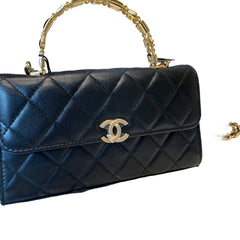 Chanel 22B Black Lambskin Enamel Top Handle Mini Flap Bag - Horizontal Kelly Style