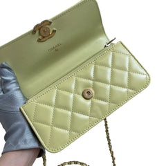 Chanel 24C Phone Holder with Chain | Yellow Calfskin | Double Gold Bead Adjustable Strap | Excellent Condition