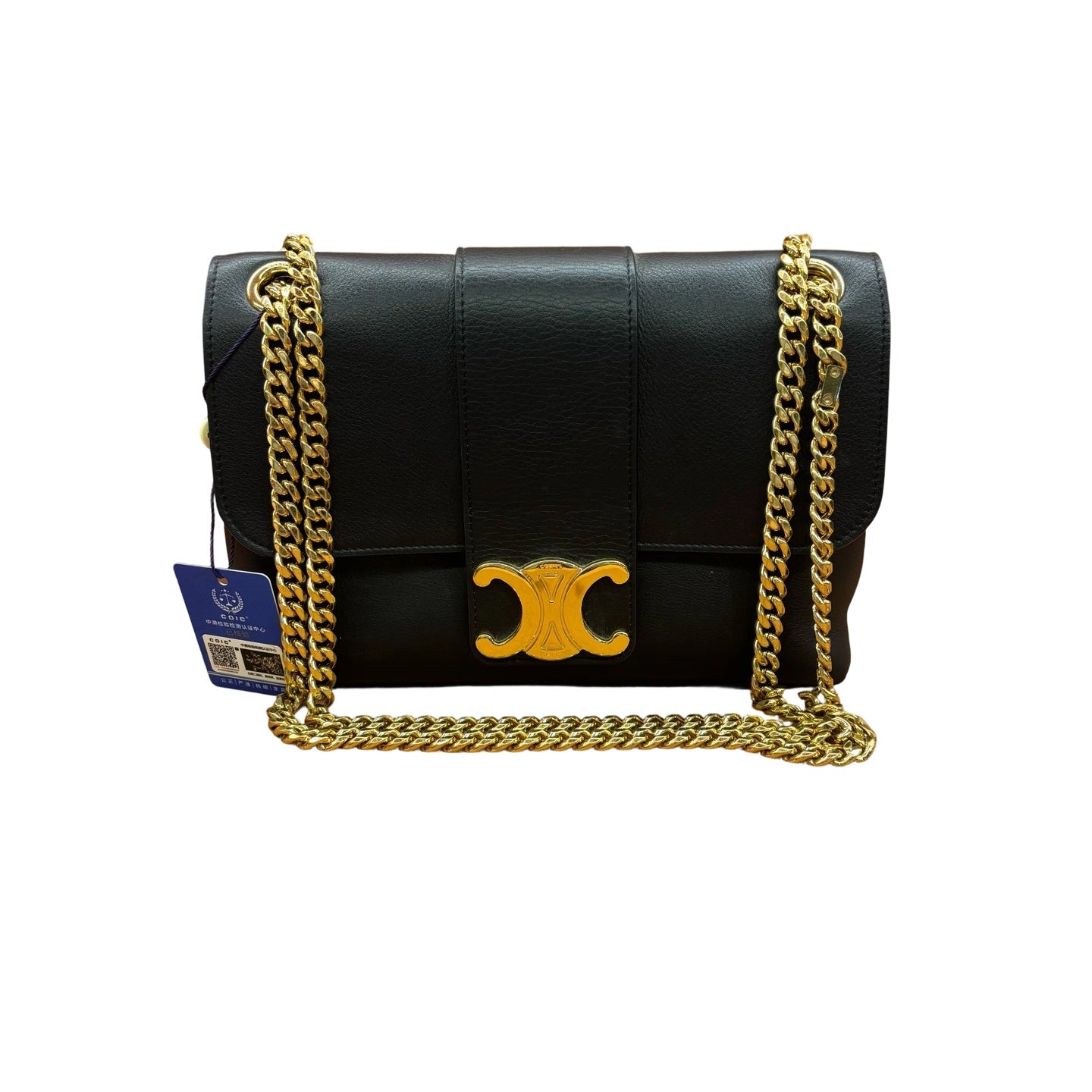 Authentic Celine Teen Victoire bag in black calfskin with gold Triomphe metallic closure and sliding chain strap, full set with receipt