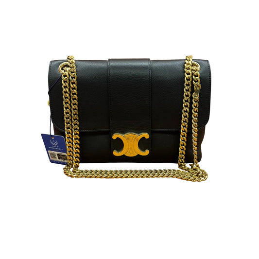 Authentic Celine Teen Victoire bag in black calfskin with gold Triomphe metallic closure and sliding chain strap, full set with receipt