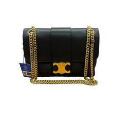 Authentic Celine Teen Victoire bag in black calfskin with gold Triomphe metallic closure and sliding chain strap, full set with receipt