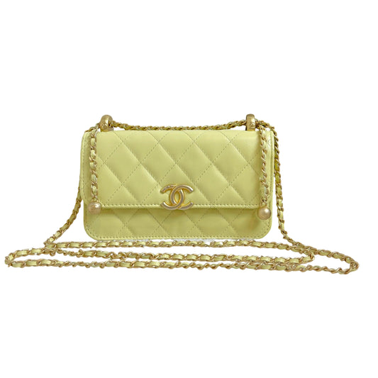 Chanel 24C Phone Holder with Chain | Yellow Calfskin | Double Gold Bead Adjustable Strap | Excellent Condition