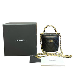 Authentic Chanel 22A Black Lambskin Mini Vanity Case featuring gold-tone chain top handle and CC logo, full set with box