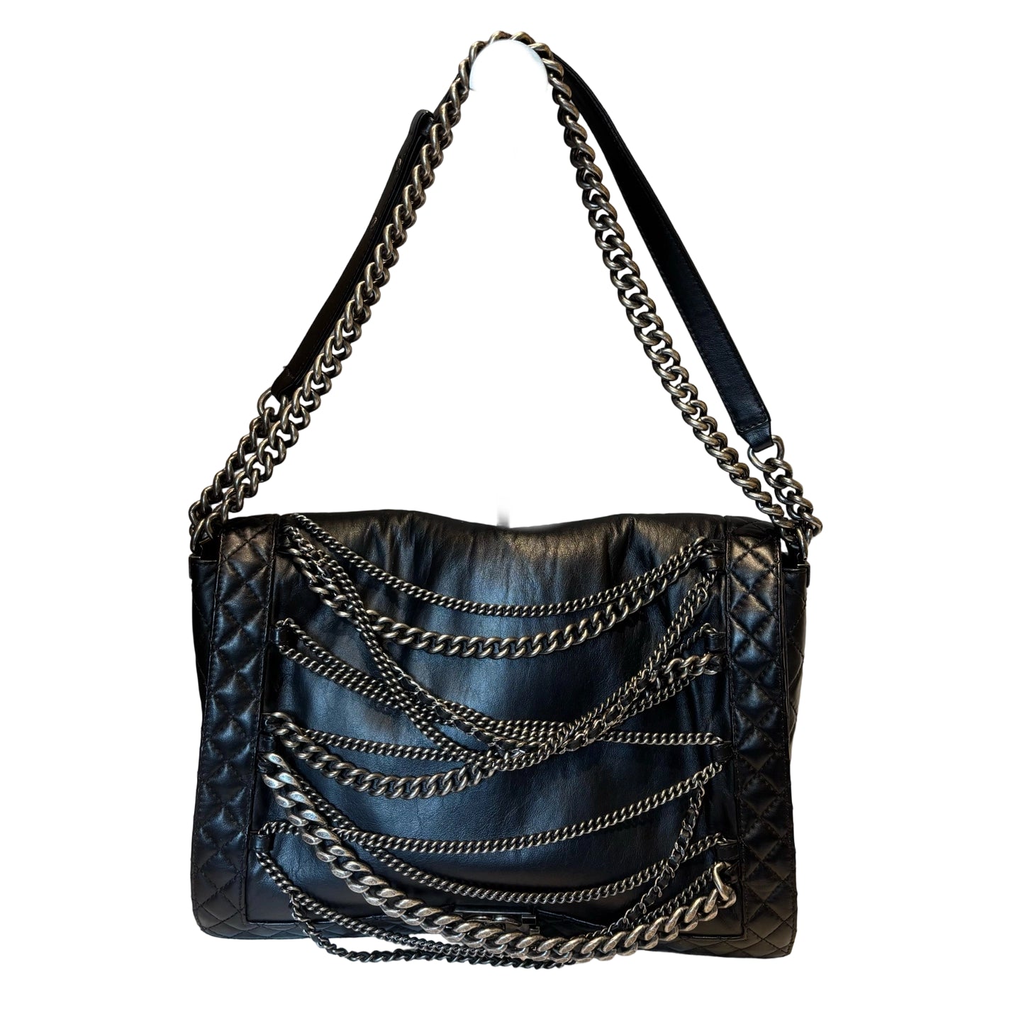 Authentic Chanel Large Le Boy bag in black calfskin featuring edgy multi-strand draped silver chains and ruthenium CC lock