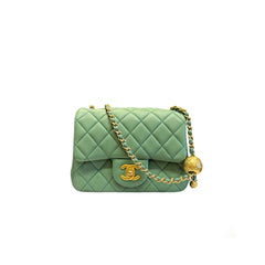 Authentic Chanel Mini Square Flap bag in sage green lambskin featuring the iconic golden ball adjustable chain and CC turn-lock