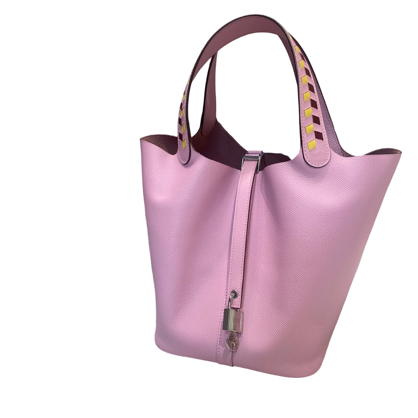 Authentic Hermès Picotin Lock 22 bag in Mauve Sylvestre pink with multicolor braided Tressage leather handles and Palladium hardware
