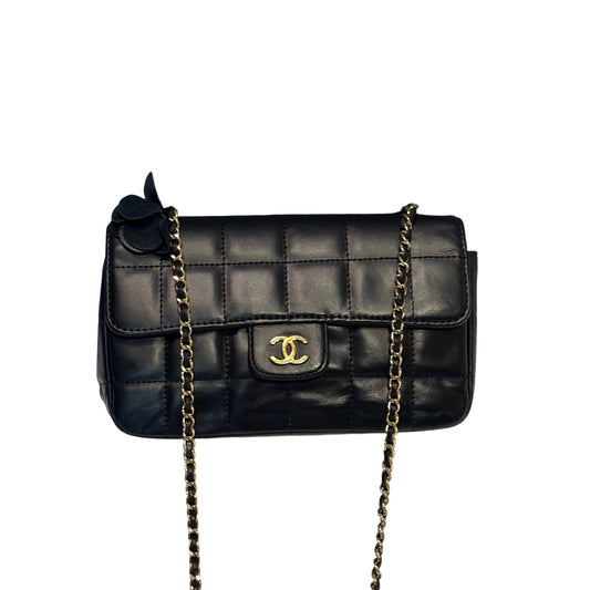Vintage Chanel Camellia Flap Bag - Chocolate Bar Quilt Black Lambskin (18cm)