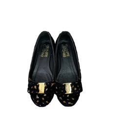 Salvatore Ferragamo Varina Flats - Black Suede with Gold Pattern (Size US 5.5 / EU 36)