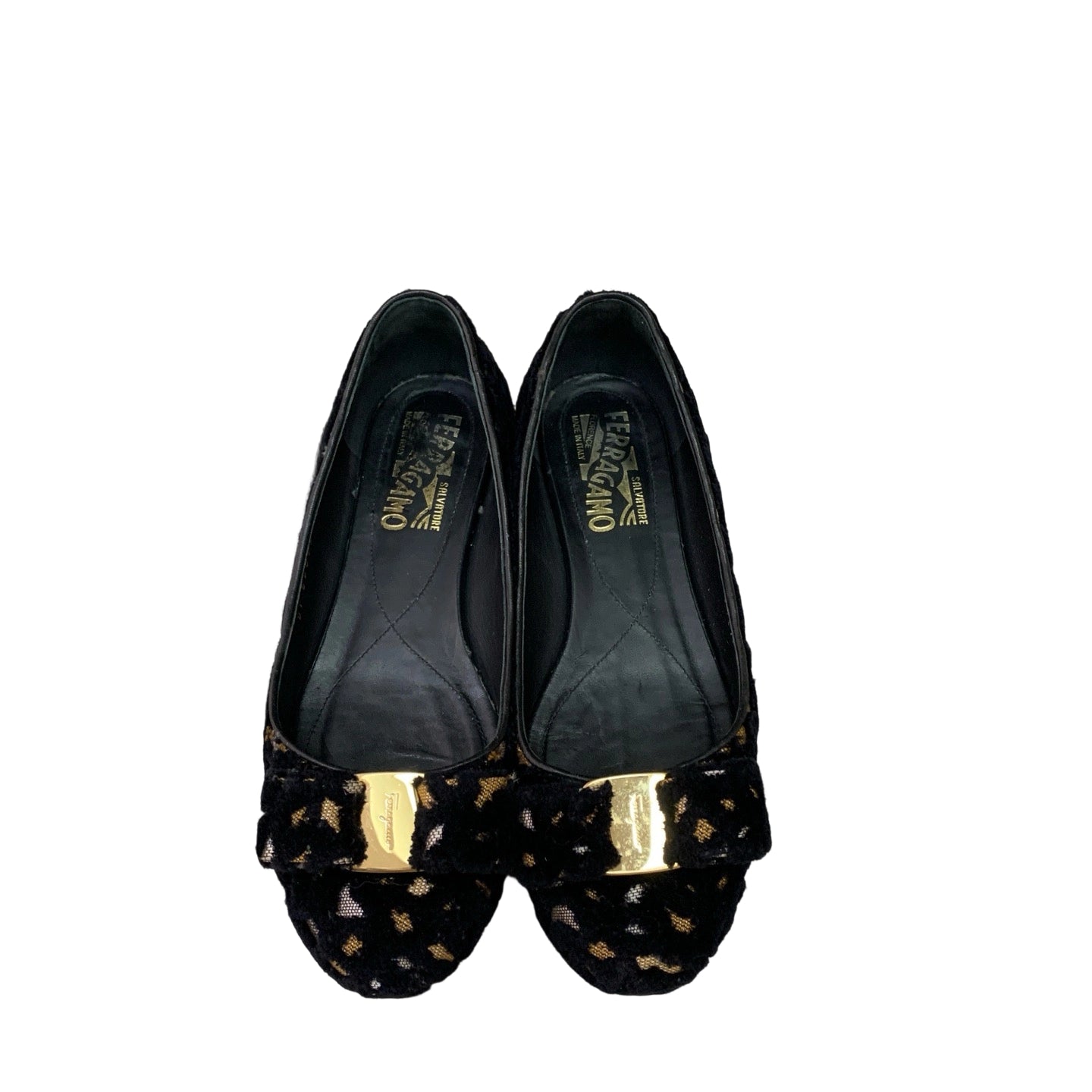 Salvatore Ferragamo Varina Black Suede Flats with Gold Pattern and Vara Bow Top View