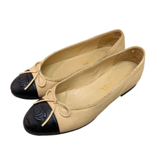 Chanel Classic Ballerina Flats - Beige & Black Cap Toe (Size EU 37 / US 6.5)