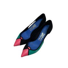 Salvatore Ferragamo Colorblock Suede Pumps - Pink Lizard Toe & Green (Size US 8.5 / EU 39)