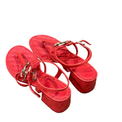 Chanel Red Quilted Block Heel Sandals - Pearl & Crystal CC Logo (Size EU 37.5 / US 7.5)