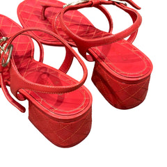 Chanel Red Quilted Block Heel Sandals - Pearl & Crystal CC Logo (Size EU 37.5 / US 7.5)