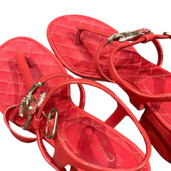 Chanel Red Quilted Block Heel Sandals - Pearl & Crystal CC Logo (Size EU 37.5 / US 7.5)