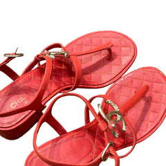 Chanel Red Quilted Block Heel Sandals - Pearl & Crystal CC Logo (Size EU 37.5 / US 7.5)