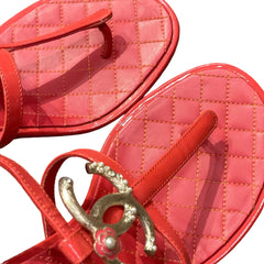 Chanel Red Quilted Block Heel Sandals - Pearl & Crystal CC Logo (Size EU 37.5 / US 7.5)
