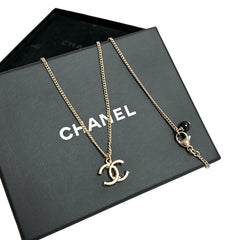 Chanel Classic Interlocking CC Necklace - Gold Tone Textured Pendant (Black Bead Detail)