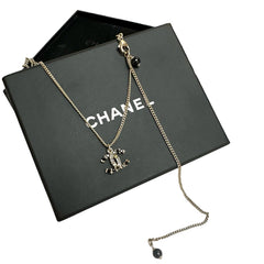 Chanel Classic Interlocking CC Necklace - Gold Tone Textured Pendant (Black Bead Detail)