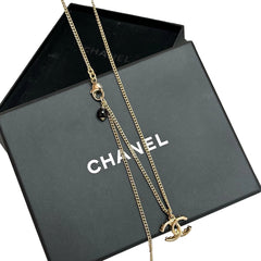Chanel Classic Interlocking CC Necklace - Gold Tone Textured Pendant (Black Bead Detail)