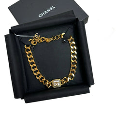 Chanel Chunky Gold Chain Choker - Square Pearl CC Logo ("Sugar Cube" Style)