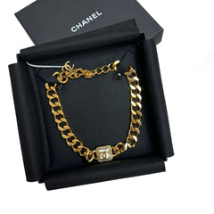 Chanel Chunky Gold Chain Choker with Square Pearl CC Sugar Cube Pendant in Box