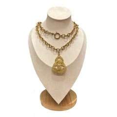 Chanel Vintage Statement Necklace - Gold Tone Wheat / Rope Motif CC Pendant