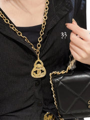Chanel Vintage Statement Necklace - Gold Tone Wheat / Rope Motif CC Pendant