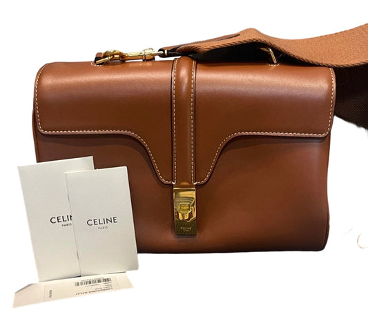 Celine Teen Soft 16 Bag in Tan Calfskin with Wide Textile Strap and Tags