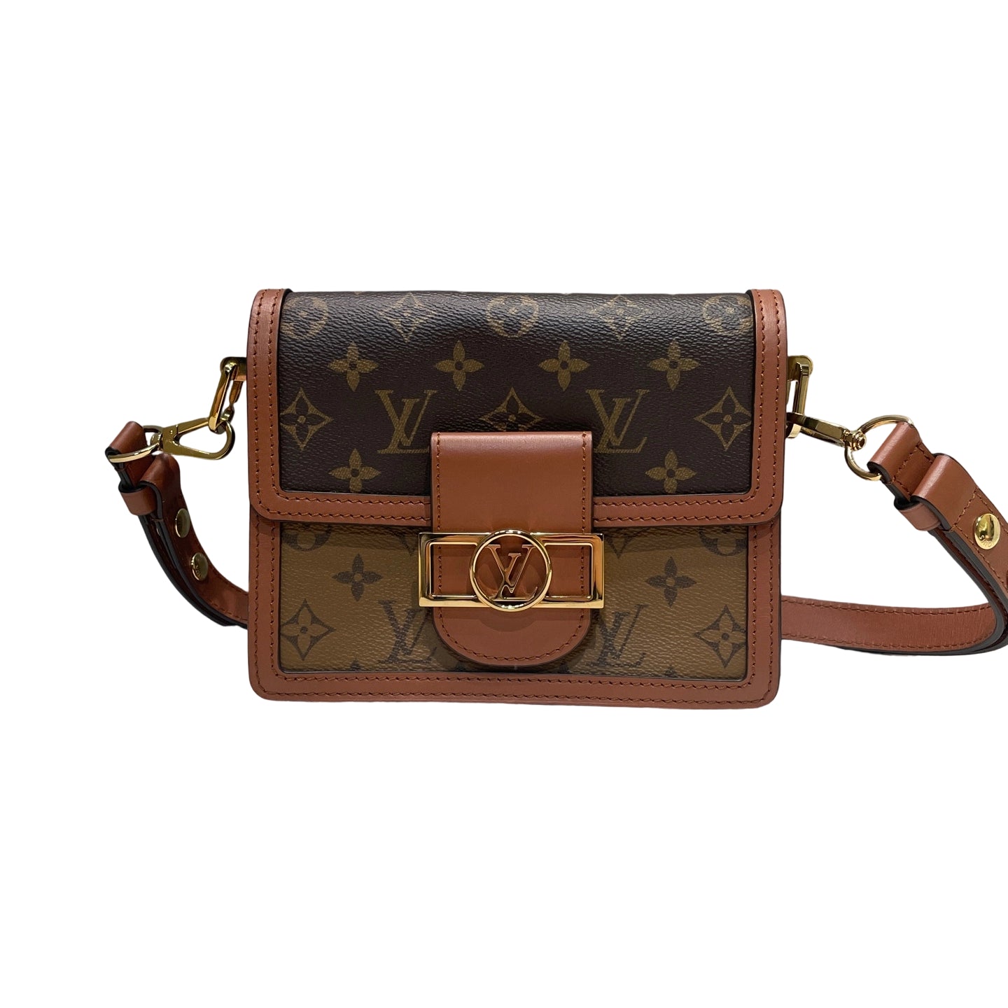 Louis Vuitton Dauphine Mini Monogram Reverse canvas shoulder bag with gold LV circle lock, front view, 20cm size