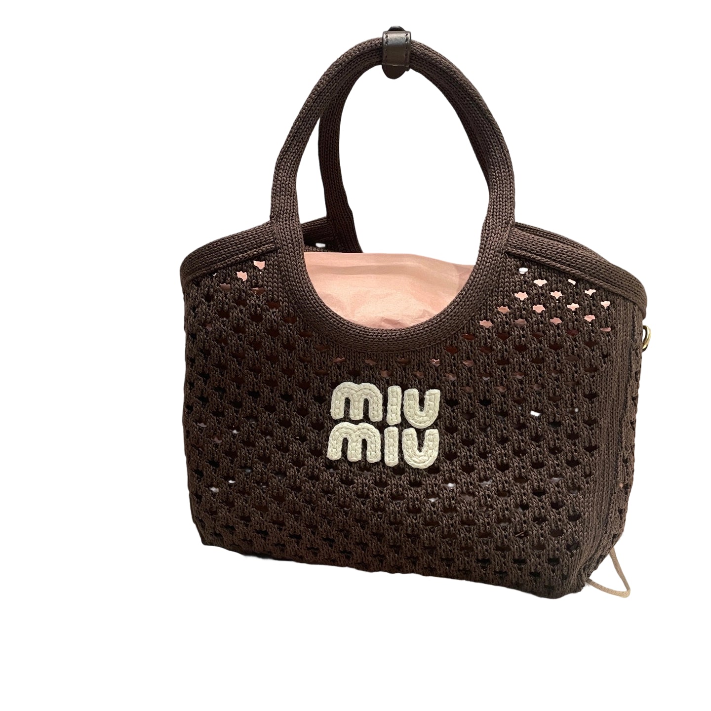 Miu Miu IVY cotton net mesh handbag in Japan limited edition chestnut brown with cream white embroidered logo