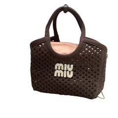 Miu Miu IVY cotton net mesh handbag in Japan limited edition chestnut brown with cream white embroidered logo