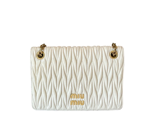 Miu Miu Matelassé White Nappa Leather Chain Bag with Gold Hardware Front View