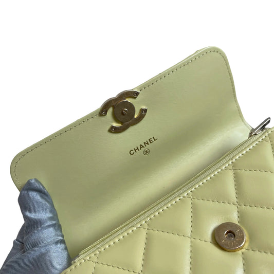 Chanel 24C Phone Holder with Chain | Yellow Calfskin | Double Gold Bead Adjustable Strap | Excellent Condition