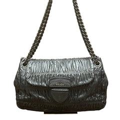 Vintage Prada Gauffre Nappa Leather Chain Flap Bag - Black Ruched Shoulder Bag