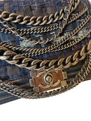 Chanel Navy Blue Tweed Multi-Strand Chain Le Boy Flap Bag - Limited Edition