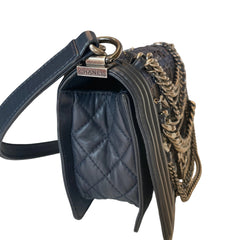 Chanel Navy Blue Tweed Multi-Strand Chain Le Boy Flap Bag - Limited Edition