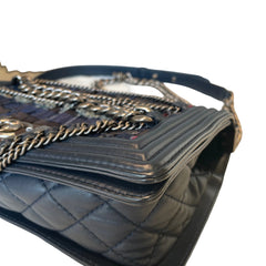 Chanel Navy Blue Tweed Multi-Strand Chain Le Boy Flap Bag - Limited Edition
