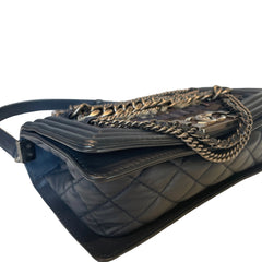 Chanel Navy Blue Tweed Multi-Strand Chain Le Boy Flap Bag - Limited Edition