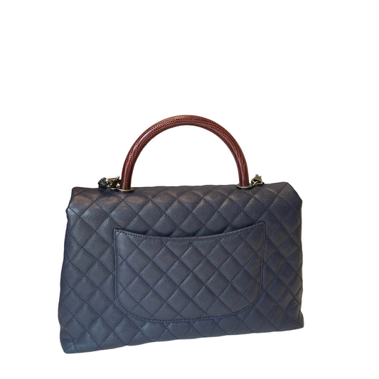Chanel Coco Handle Large Flap Bag - Navy Blue Caviar Leather with Burgundy Handle