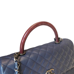 Chanel Coco Handle Large Flap Bag - Navy Blue Caviar Leather with Burgundy Handle