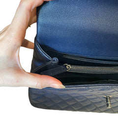 Chanel Coco Handle Large Flap Bag - Navy Blue Caviar Leather with Burgundy Handle